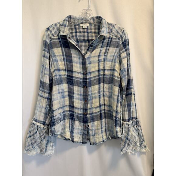 Sundance | Macey Plaid Shirt Women’s Cotton Raw Edge Bell Sleeves - Size Medium - Picture 1 of 5